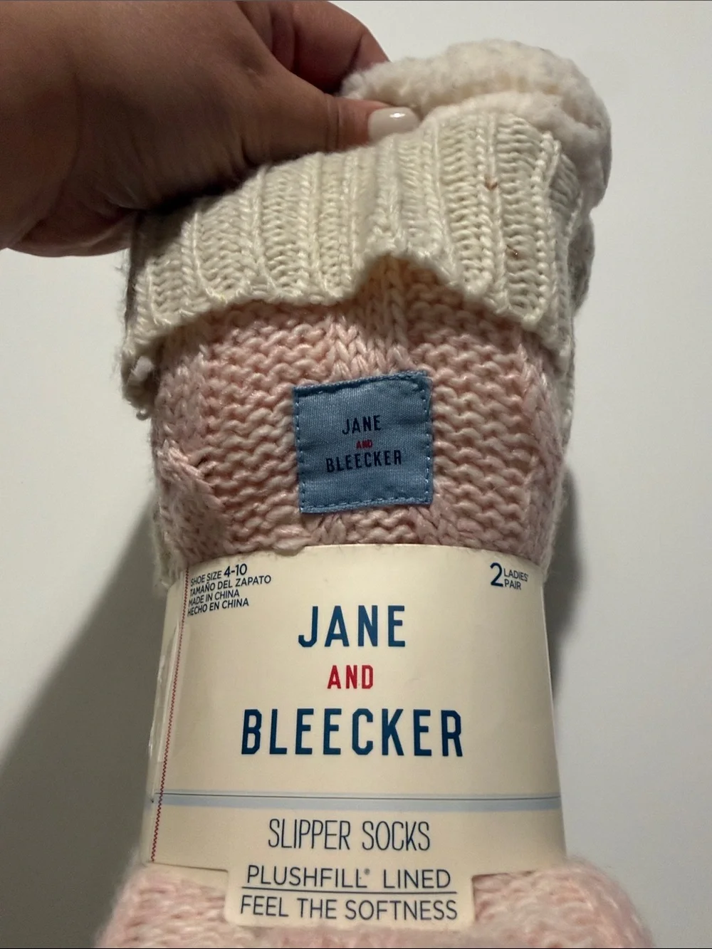 Jane and Bleecker Cream and Pink Plush-Lined Animal Face Slipper Socks